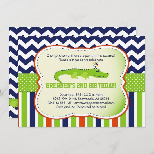 Chomp Chomp.  Uitnodigingen van met Alligator verb (Voorkant / Achterkant)