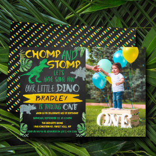 Chomp & Stomp! Dinosaur Boys 1e verjaardagsfoto Kaart