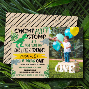 Chomp & Stomp! Dinosaur Boys 1st geboortedag foto Kaart