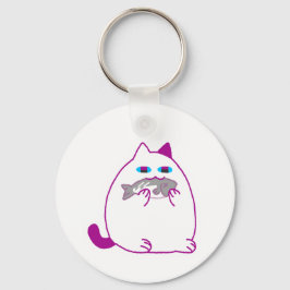Chonky White Cat with a Fish Sleutelhanger