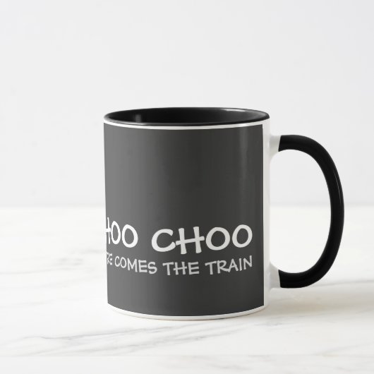 "Choo Choo komt hier de trein" rode/zwarte mok (Rechts)