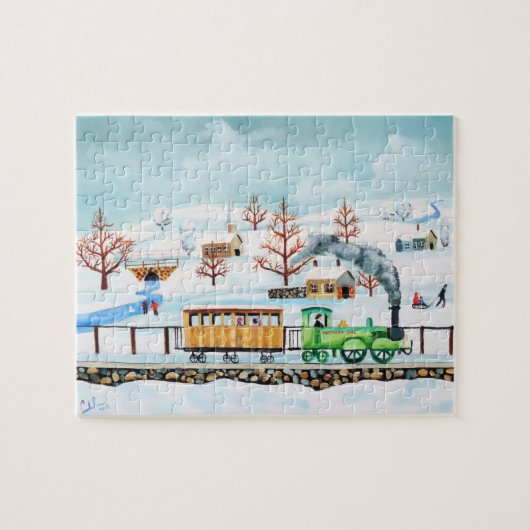 Choo choo treert volkskunst winterscène legpuzzel (Horizontaal)