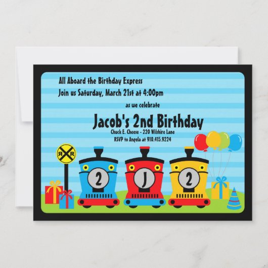choo choo treinstel uitnodiging blauw rood (Voorkant)