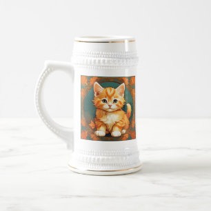 Chope À Bière Alphonse Mucha Style Chat orange