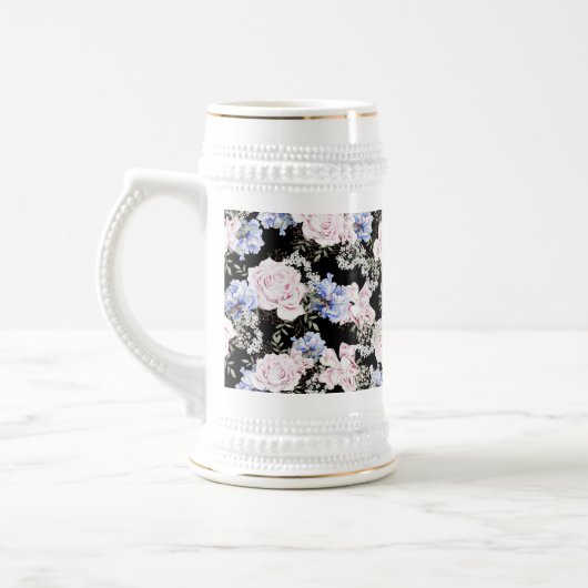 Chope À Bière Beau motif Floral Rose Iris rose bleu (Gauche)