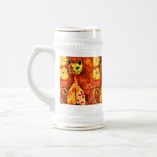Chope À Bière Chat Whimsical Rétro Kitty Floral Orange Jaune Rou