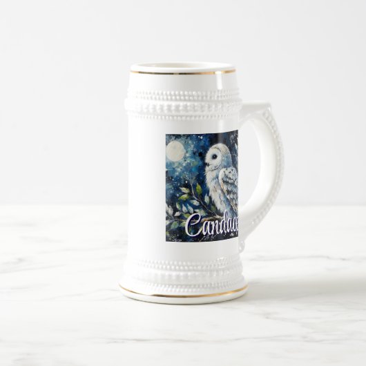 Chope À Bière Chouette blanche sur branche en clair de lune Pers (Devant droit)