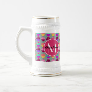Chope À Bière Cupcake rose Nom personnalisé, Monogramme personna