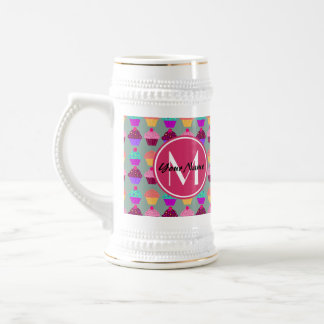 Chope À Bière Cupcake rose Nom personnalisé, Monogramme personna
