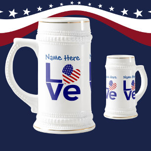 Chope À Bière Drapeau Bleu LOVE du Cœur des États-Unis avec Nom 