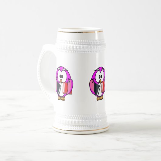 Chope À Bière hibou rose et blanc tenant des livres scolaires (Devant gauche)