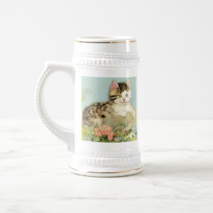 Chope À Bière Illustration vintage de chat avec fleurs roses