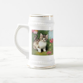 Chope À Bière Illustration vintage de chat avec Fleurs rouges