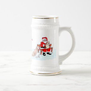 Chope À Bière Joyeux Noël - Père Noël avec chat et chien