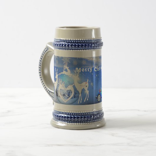 Chope À Bière Joyeux Noël Reindeer Blue Pristine Snowflakes (Devant gauche)