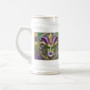 Chope À Bière Masque de bouffon de Mardi Gras vert or pourpre
