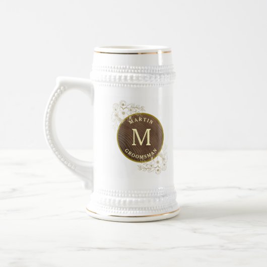 Chope À Bière Monogramme rustique Groomsman Beer Stein (Gauche)