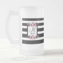 Bandes noires et blanches Monogramme floral rose
