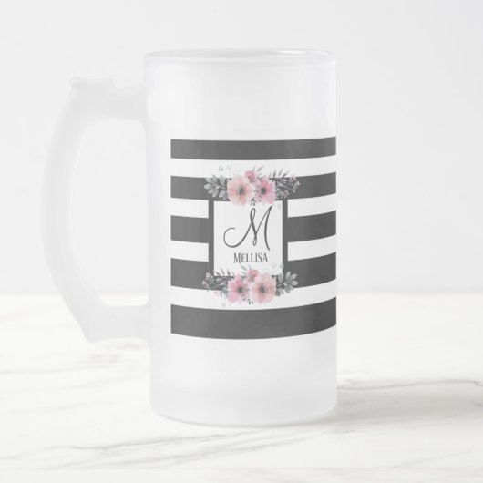 Chope Givrée Bandes noires et blanches Monogramme floral rose (Gauche)