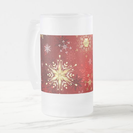 Chope Givrée Noël Golden Snowflakes sur Arrière - plan rouge (Devant gauche)