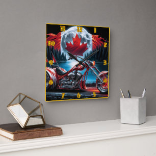 Chopper vrijheid met de Canadese vlag 's nachts Vierkante Klok