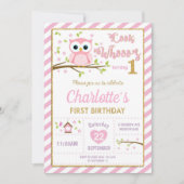 Chouette 1er anniversaire Invitation fille rose et (Devant)