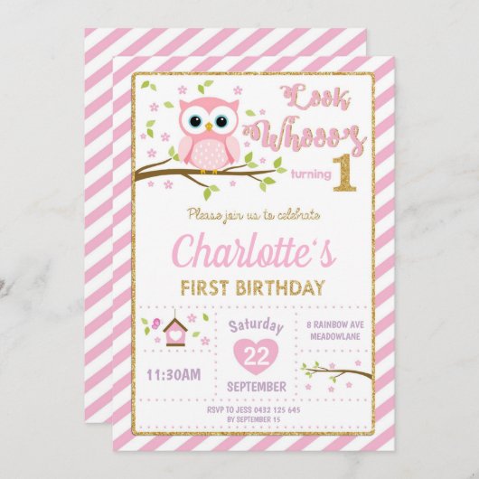 Chouette 1er anniversaire Invitation fille rose et (Devant / Derrière)