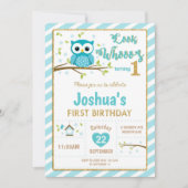 Chouette 1er anniversaire Invitation garçon Turquo (Devant)