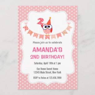 Chouette 2e anniversaire Invitation Sweet Pink