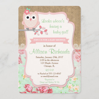 Chouette baby shower invitation burlap lace menthe