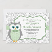 chouette baby shower invitation garçon vert gris b (Devant)