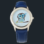 Chouette bleue<br><div class="desc">La montre élégante personnalisée présente une illustration vectorielle douce d'un hibou perché sur une branche d'arbre sur un arrière - plan motif pois. Babystar Design à l'adresse mygrafico.com</div>