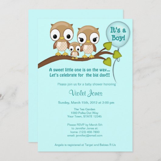 Chouette Chouette Invitations Garçon Maman Papa (Devant / Derrière)