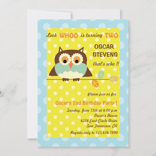 Chouette dans une branche - Invitations d'annivers (Devant)