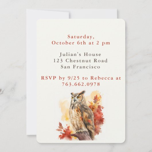 Chouette d'automne - Carte d'invitation d'annivers (Dos)