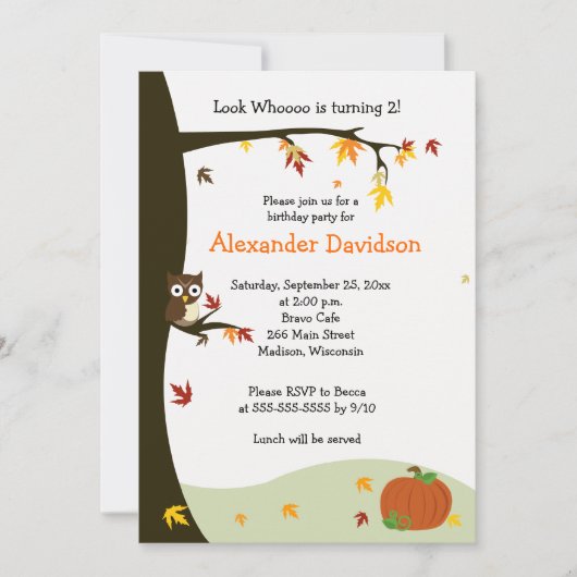 Chouette d'automne dans l'arbre Invitation d'anniv (Devant)
