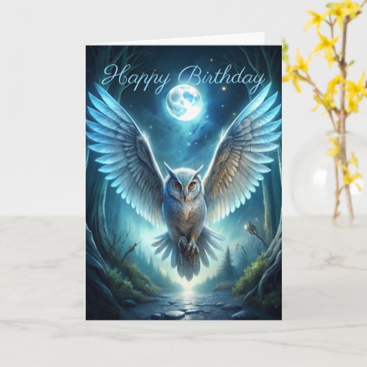 Chouette en forêt carte d'anniversaire (Fleur jaune)