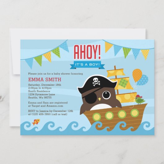 Chouette et pirate Boy Baby shower Invitation (Devant)
