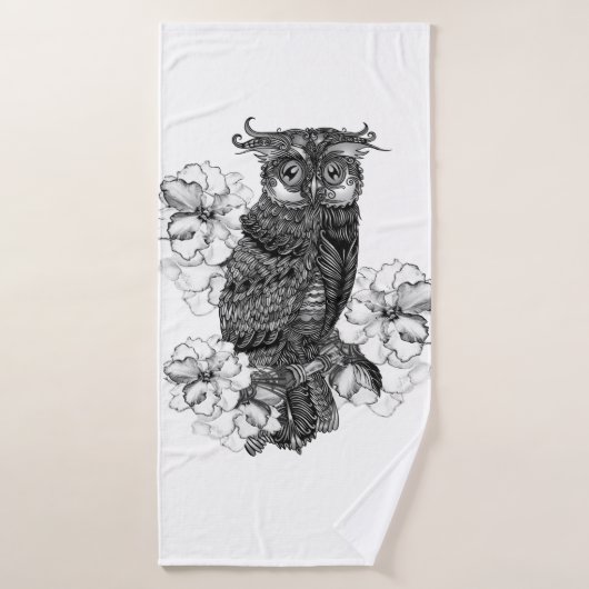 Chouette grise Orchidées blanches (Serviette de bain)