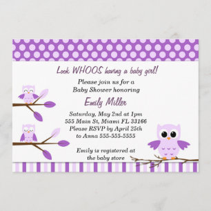 Chouette Invitation Bébé Fille Douche pourpre