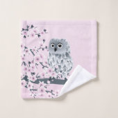 Chouette mignonne et fleurs de cerisier gris rose (Gant de toilette)