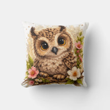 Chouette Mignonne Gros Plan Floral Coussin Kawaii