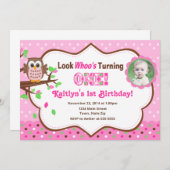 Chouette rose 1er anniversaire Invitation 5x7 Cart (Devant / Derrière)