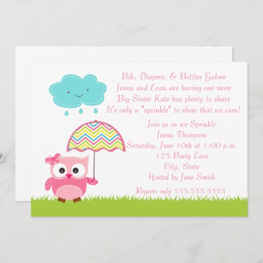 Chouette rose Bébé saupoudrer Invitation (Devant / Derrière)