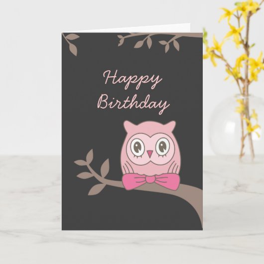 Chouette rose Bonne Carte Anniversaire (Fleur jaune)