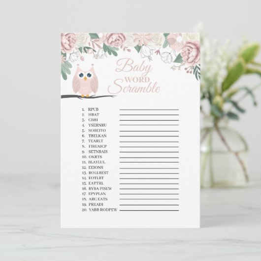Chouette rose Floral Baby Word Scramble Carte de j (Debout devant)