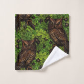 Chouettes dans le chêne, vert et marron (Gant de toilette)
