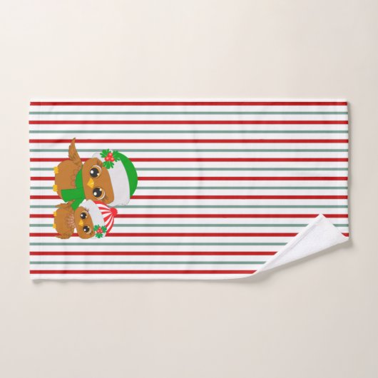 Chouettes de Noël sur Turquoise et rouge (Serviette à main)