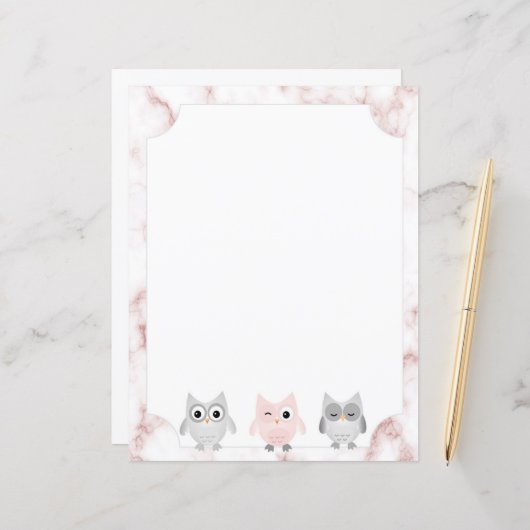 Chouettes grises et roses Papier Rose en marbre do (Devant/Arrière en situation)