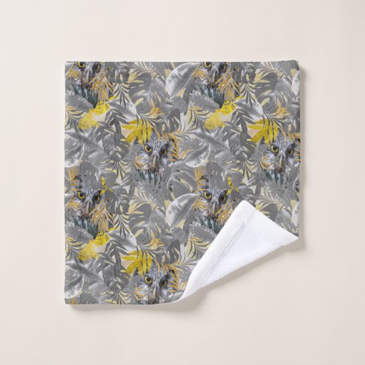 Chouettes, pipi, à travers, gris & jaune, feuille (Gant de toilette)